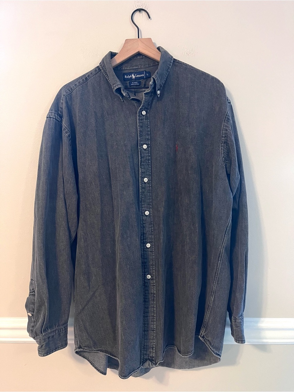 VTG Ralph Lauren Men’s Faded Black Long-Sleeve Button-Down Shirt L Blaire Cotton